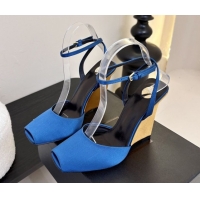 Good Looking Saint Laurent La Scandale Open Toe Wedge Sandals 11cm in Satin Blue/Gold 0424062
