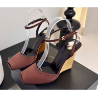 Classic Hot Saint Laurent La Scandale Open Toe Wedge Sandals 11cm in Satin Brown/Gold 0424063