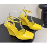 Top Grade Saint Laurent La Scandale Open Toe Wedge Sandals 11cm in Patent Leather All Yellow 0424064