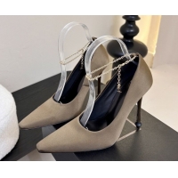 Good Quality Saint Laurent Regine Pumps 11cm in Satin with Chain Green 0424068