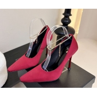 Best Grade Saint Laurent Regine Pumps 11cm in Satin with Chain Red 0424070