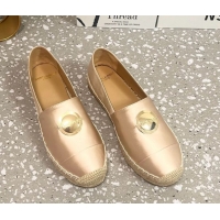 Top Design Saint Laurent Satin Espadrilles Flat with Gold-Tone Round Logo Apricot 0424081