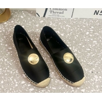 Good Looking Saint Laurent Satin Espadrilles Flat with Gold-Tone Round Logo Black 0424082