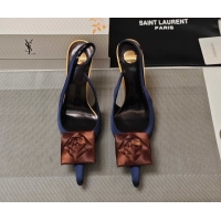Perfect Saint Laurent Slingback Pumps with Flower in Satin 11cm Heel Blue 5052101
