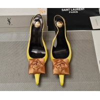 Good Looking Yaint Laurent Slingback Pumps with Flower in Satin 11cm Heel Yellow 5052102