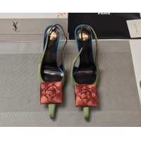 Shop Duplicate Saint Laurent Slingback Pumps with Flower in Satin 11cm Heel Light Green 5052104