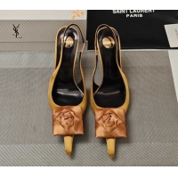 Grade Quality Saint Laurent Slingback Pumps with Flower in Satin 11cm Heel Ginger 5052105