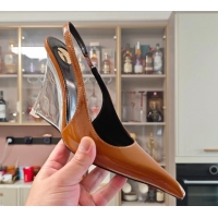 Good Quality Saint Laurent Miller Wedges Pumps in Glazed Leather 9cm Heel Brown 5052208