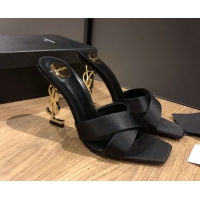 Good Looking Saint Laurent Ppyum Mules Sandals in Satin Crepe 10.5cm Heel Black 5052312
