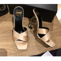Classic Hot Saint Laurent Ppyum Mules Sandals in Satin Crepe 10.5cm Heel Beige 5052313