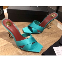 Luxurious Saint Laurent Ppyum Mules Sandals in Satin Crepe 10.5cm Heel Cyan 5052317