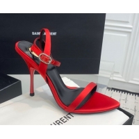 Best Product Saint Laurent Silk High Heel Sandals 10.5cm with Ankle Strap Red 50604078