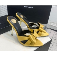 Low Price Saint Laurent Silk High Heel Slides Sandal 10.5cm with Bow Yellow 50604081