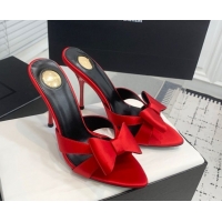 Luxury Cheap Saint Laurent Silk High Heel Slides Sandal 10.5cm with Bow Red 50604083
