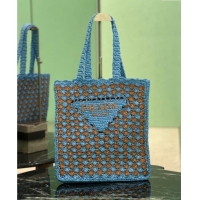 Buy Classic Prada Crochet tote bag Celeste 1BG393 Blue /Caramel Brown 2025