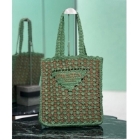 Cheapest Prada Crochet tote bag 1BG393 Lawn Green/Caramel Brown 2025