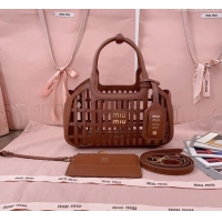 Buy Fashionable Miu Miu Leather Basket bag 5BA294 Cognac Brown 2025