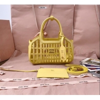 Original Cheap Miu Miu Leather Basket bag 5BA294 Lemon Yellow 2025