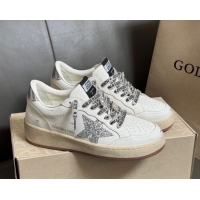 Pretty Style Golden Goose Women’s Ball Star Sneakers in White Leather with Silver-Tone Glitter Star and Lace 0429041