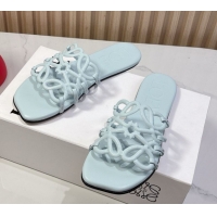 Shop Duplicate Loewe Petal Anagram flat slides sandal in soft calfskin Light Blue 0605084