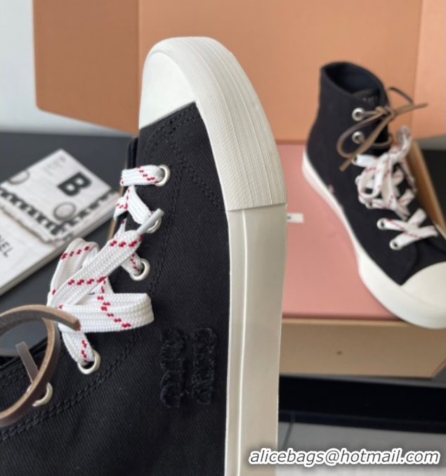 Stylish Miu Miu Washed Denim High-top Sneakers Black 2025 5E384E