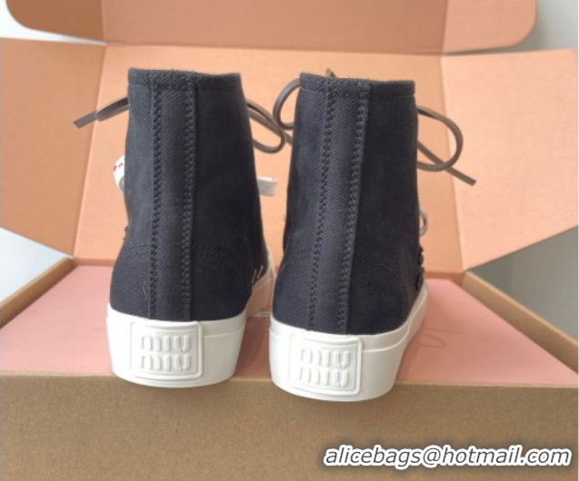 Stylish Miu Miu Washed Denim High-top Sneakers Black 2025 5E384E