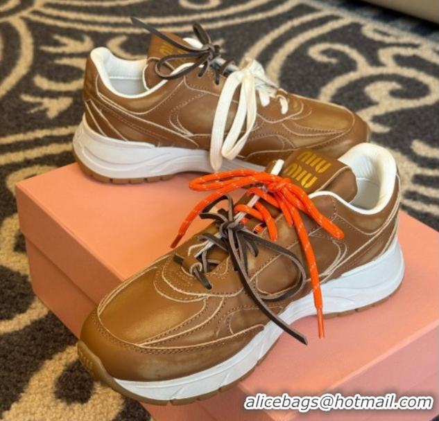 Best Grade New Balance x Miu Miu Sneakers in Calf Leather Tan Brown 2025 MIU060302