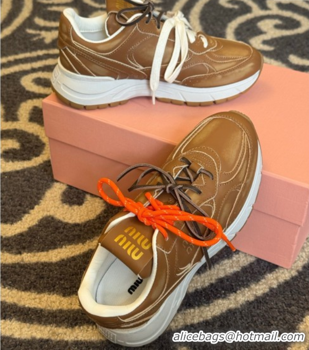 Best Grade New Balance x Miu Miu Sneakers in Calf Leather Tan Brown 2025 MIU060302