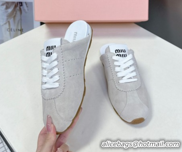 Generous Miu Miu Plumet Suede Flat Sneaker Mules Light Grey 2025 MIU060303
