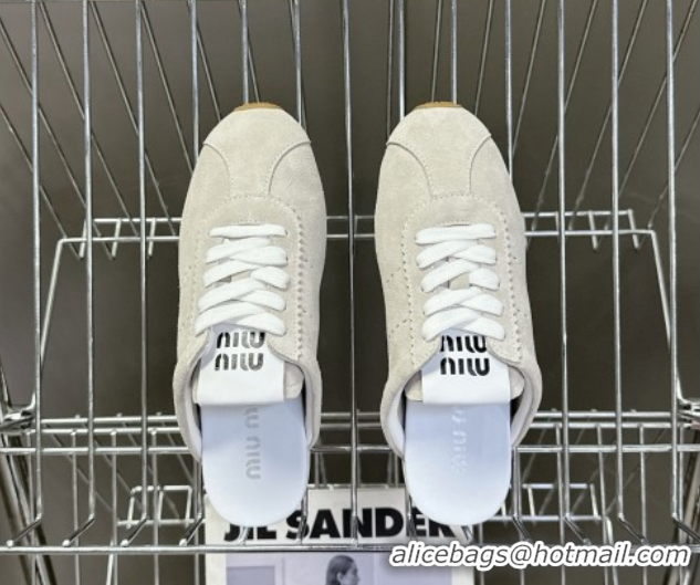 Generous Miu Miu Plumet Suede Flat Sneaker Mules Light Grey 2025 MIU060303