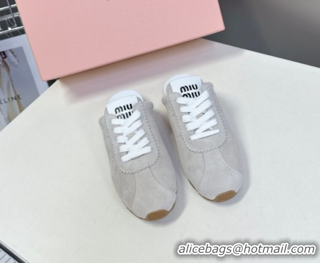 Generous Miu Miu Plumet Suede Flat Sneaker Mules Light Grey 2025 MIU060303