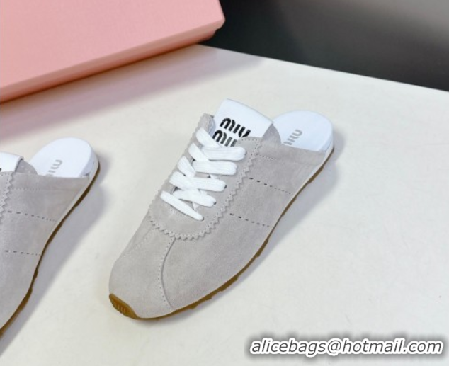 Generous Miu Miu Plumet Suede Flat Sneaker Mules Light Grey 2025 MIU060303