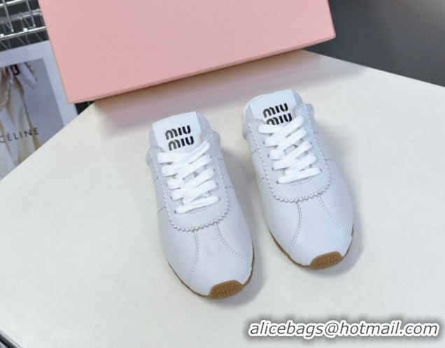 Modern Miu Miu Plumet Leather Flat Sneaker Mules White2 2025 MIU060303