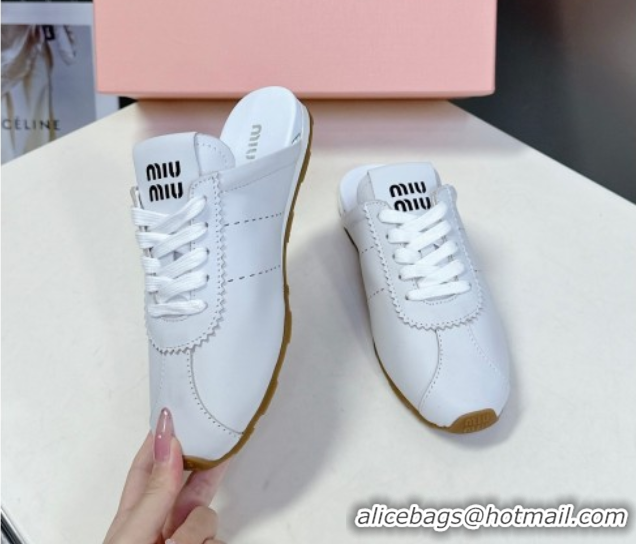 Modern Miu Miu Plumet Leather Flat Sneaker Mules White2 2025 MIU060303