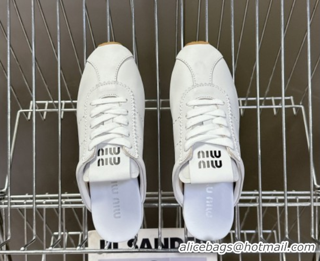 Modern Miu Miu Plumet Leather Flat Sneaker Mules White2 2025 MIU060303