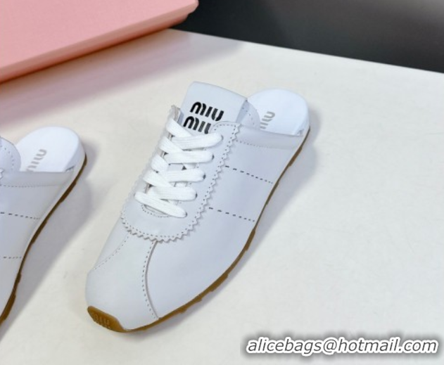 Modern Miu Miu Plumet Leather Flat Sneaker Mules White2 2025 MIU060303