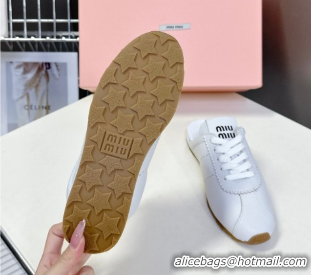Modern Miu Miu Plumet Leather Flat Sneaker Mules White2 2025 MIU060303