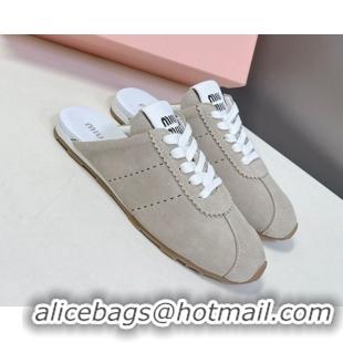 Pretty Style Miu Miu Plumet Suede Flat Sneaker Mules Grey3 2025 MIU060303