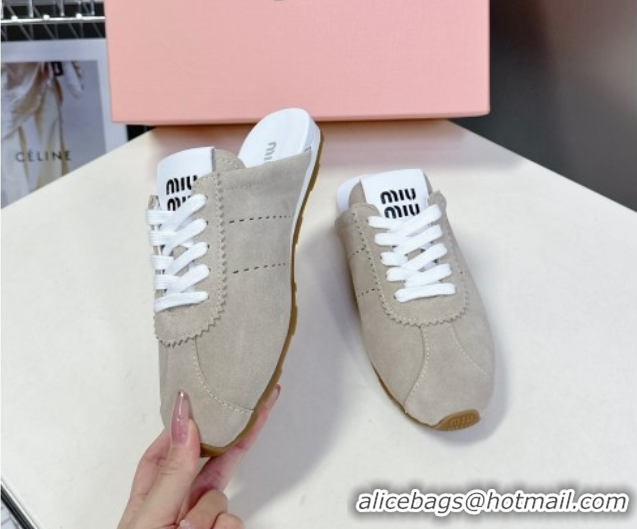 Pretty Style Miu Miu Plumet Suede Flat Sneaker Mules Grey3 2025 MIU060303