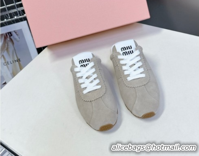 Pretty Style Miu Miu Plumet Suede Flat Sneaker Mules Grey3 2025 MIU060303