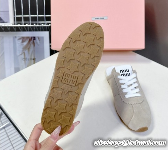Pretty Style Miu Miu Plumet Suede Flat Sneaker Mules Grey3 2025 MIU060303