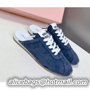 Shop Duplicate Miu Miu Plumet Suede Flat Sneaker Mules Dark Blue 2025 MIU060303 0603109