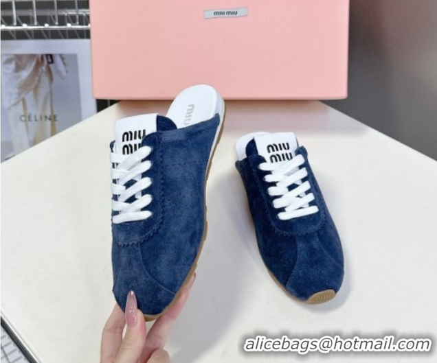 Shop Duplicate Miu Miu Plumet Suede Flat Sneaker Mules Dark Blue 2025 MIU060303 0603109