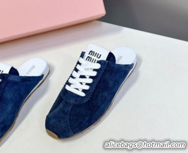 Shop Duplicate Miu Miu Plumet Suede Flat Sneaker Mules Dark Blue 2025 MIU060303 0603109