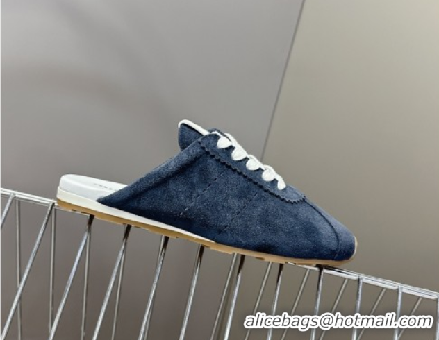Shop Duplicate Miu Miu Plumet Suede Flat Sneaker Mules Dark Blue 2025 MIU060303 0603109