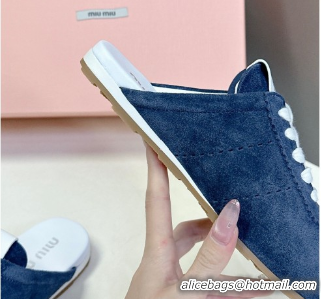Shop Duplicate Miu Miu Plumet Suede Flat Sneaker Mules Dark Blue 2025 MIU060303 0603109