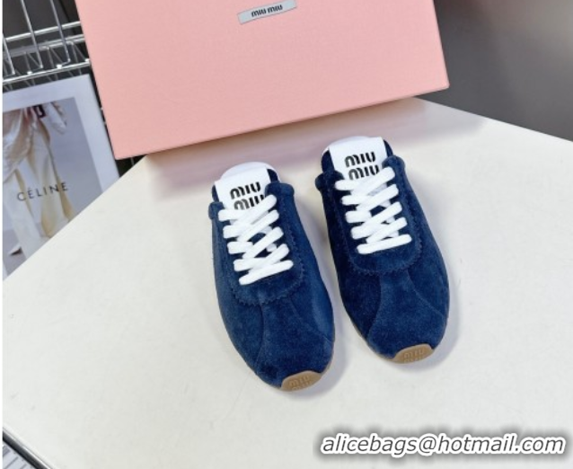 Shop Duplicate Miu Miu Plumet Suede Flat Sneaker Mules Dark Blue 2025 MIU060303 0603109