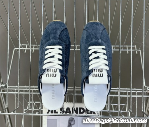 Shop Duplicate Miu Miu Plumet Suede Flat Sneaker Mules Dark Blue 2025 MIU060303 0603109