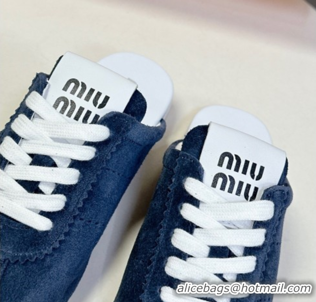 Shop Duplicate Miu Miu Plumet Suede Flat Sneaker Mules Dark Blue 2025 MIU060303 0603109