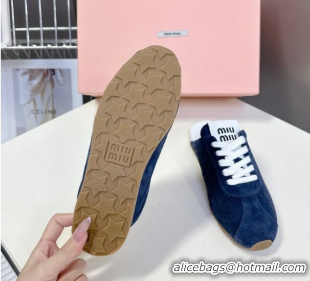 Shop Duplicate Miu Miu Plumet Suede Flat Sneaker Mules Dark Blue 2025 MIU060303 0603109